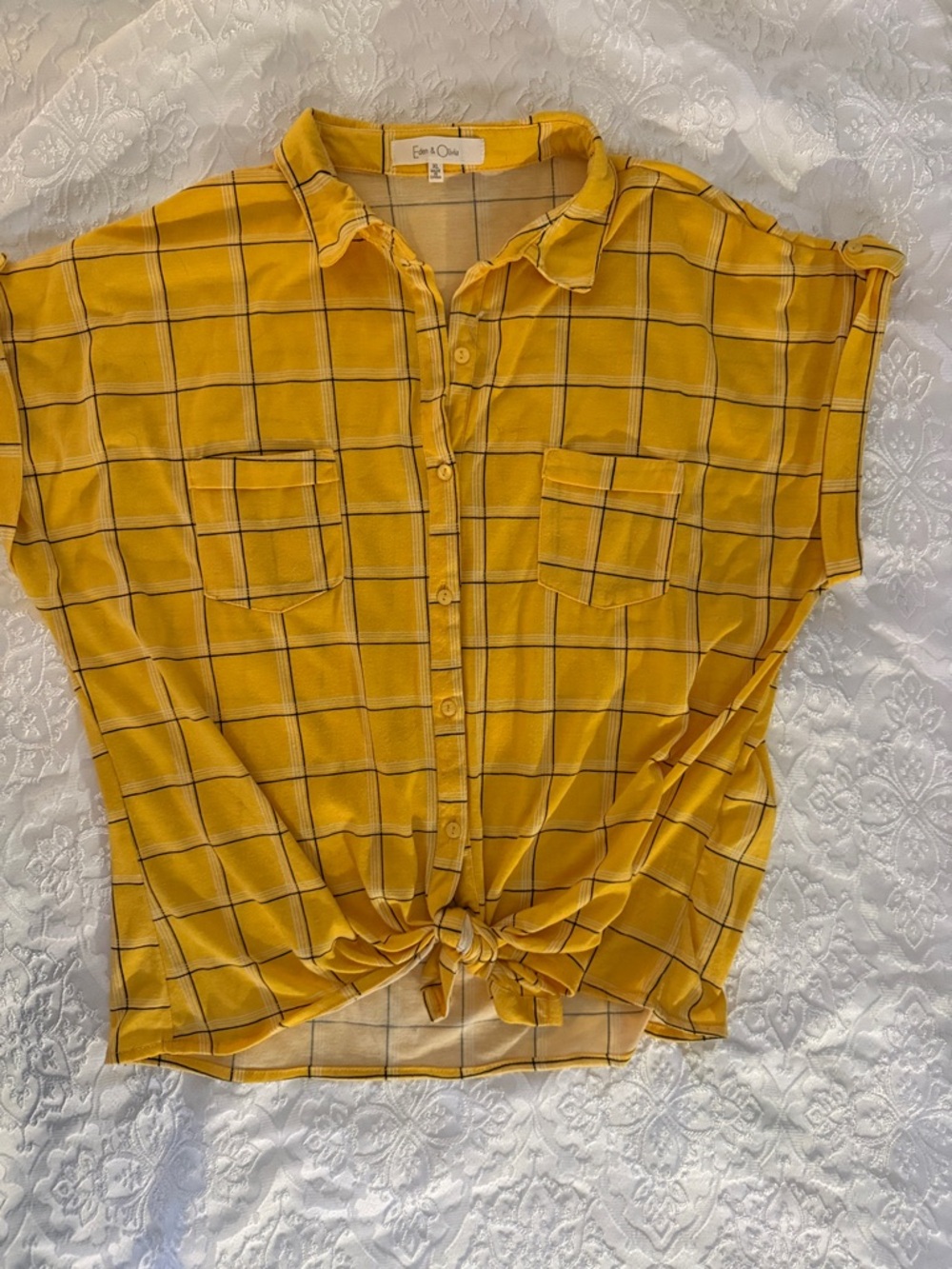 Eden & Olivia Mustard Yellow Plaid Button-Up Tie Hem Shirt size XL
